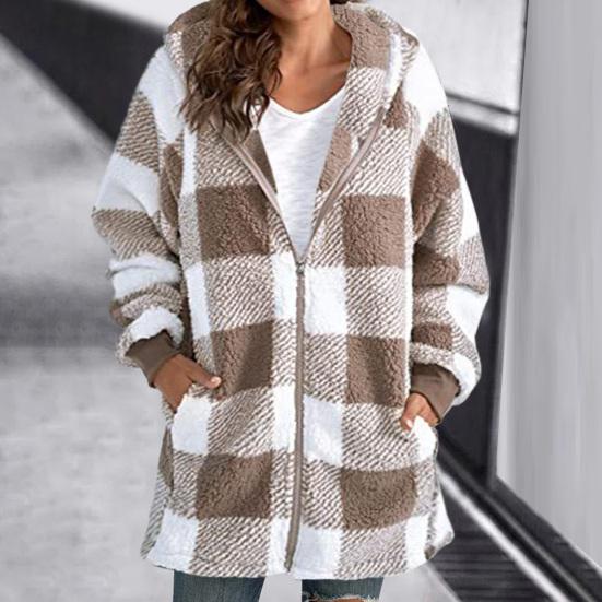 Женское пальто, клетчатая молния с капюшоном, свободные карманы, куртка-кардиган, осень-зима, толстое плюшевое пальто, уличная одежда