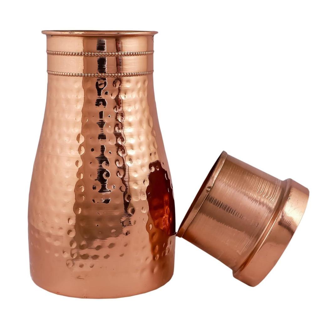 Pure Copper Bedside Water Bottle with Glass Lid (1 Litre Capacity) | Joint-Free, Modern & Stylish Tamba Bottle for Bedroom Use