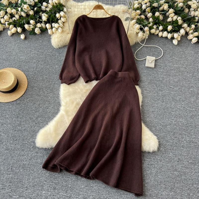Women's Brown Knit Set with Round Neck Top and High-Waist Midi Skirt