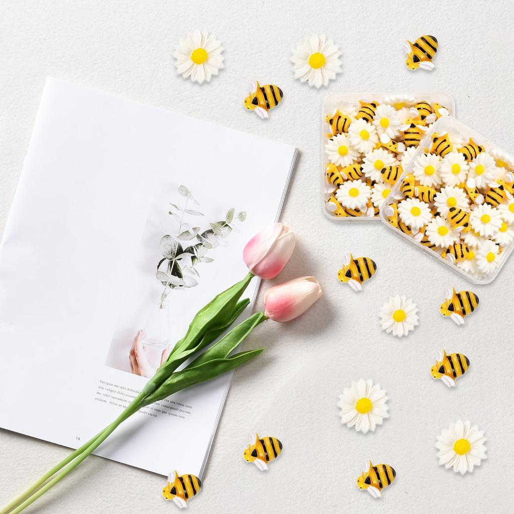 Упаковка из 50 украшений из смолы в виде ромашек и пчел. Украшения в виде ромашек для поделок своими руками, скрапбукинга и подарков на вечеринку.