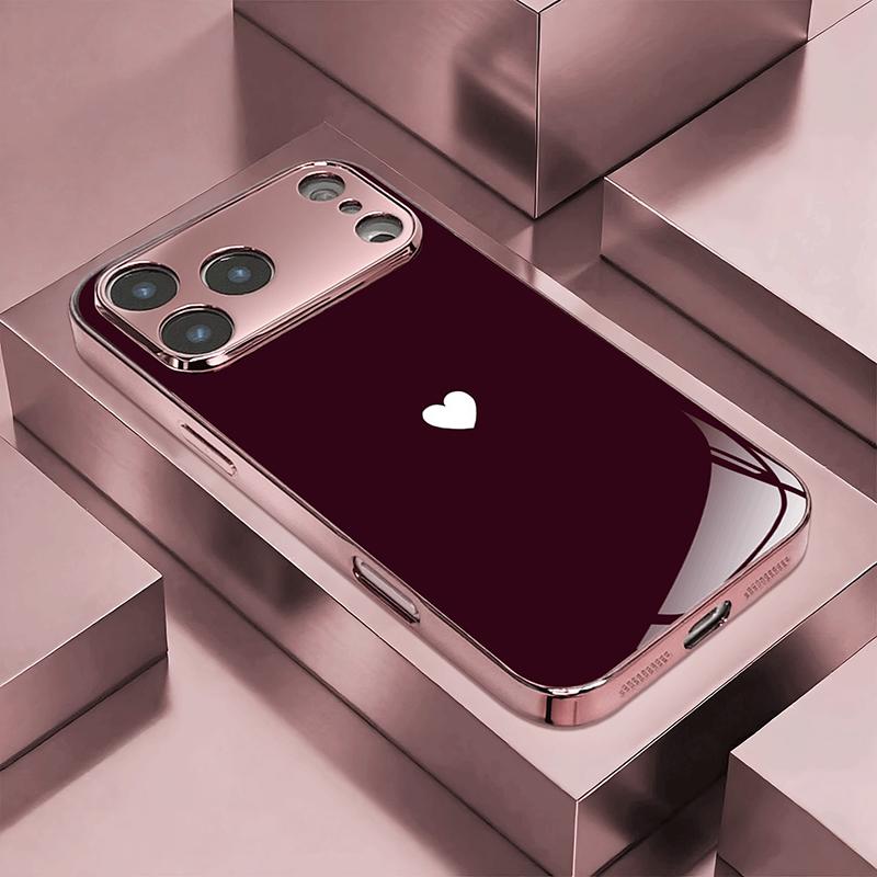 Red Background Love Pattern Metallic Tempered Glass Phone Case For iPhone 17 16 15 14 13 12 11 18 Pro Max Plus 17 Air 17E Cover