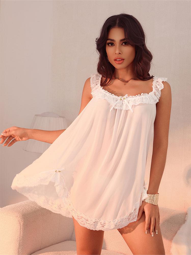 Romance Short Lace Sleepdress Woman Sexy Lingeri Sheer Mesh Pajamas Cute Sweet Style Sleepwear Erotic Underwear Sexy Set
