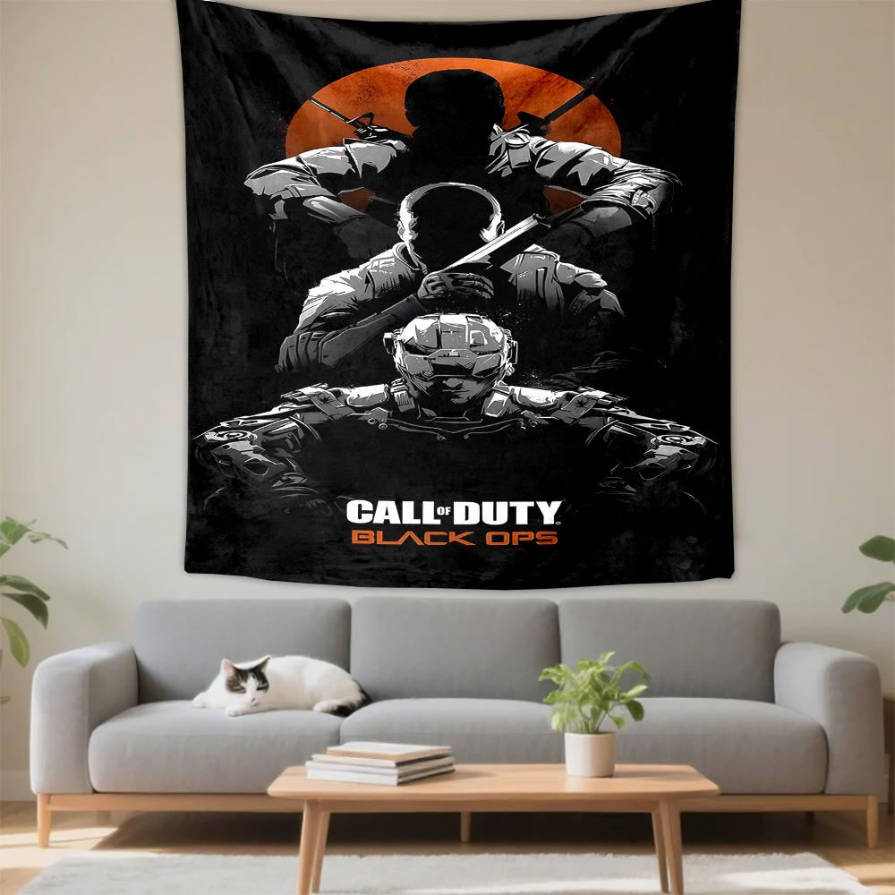 Гобелен Call of Duty Black Ops Силуэты Солдат Оранжевое Солнце Минималистичный Настенный Декор