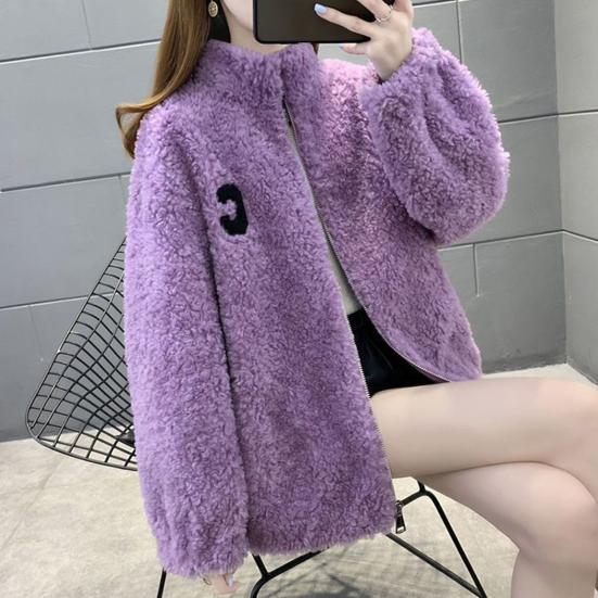 Winter Lady Coat Thickened Double-sided Faux Fleece Solid Color Stand Collar Neck Protection