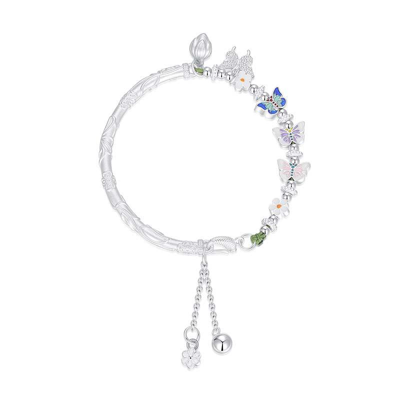 925 Sterling Silver Small Flower Butterfly Half-Bangle Half-Chain Bracelet - Light Luxury, High-End New Chinese National Style