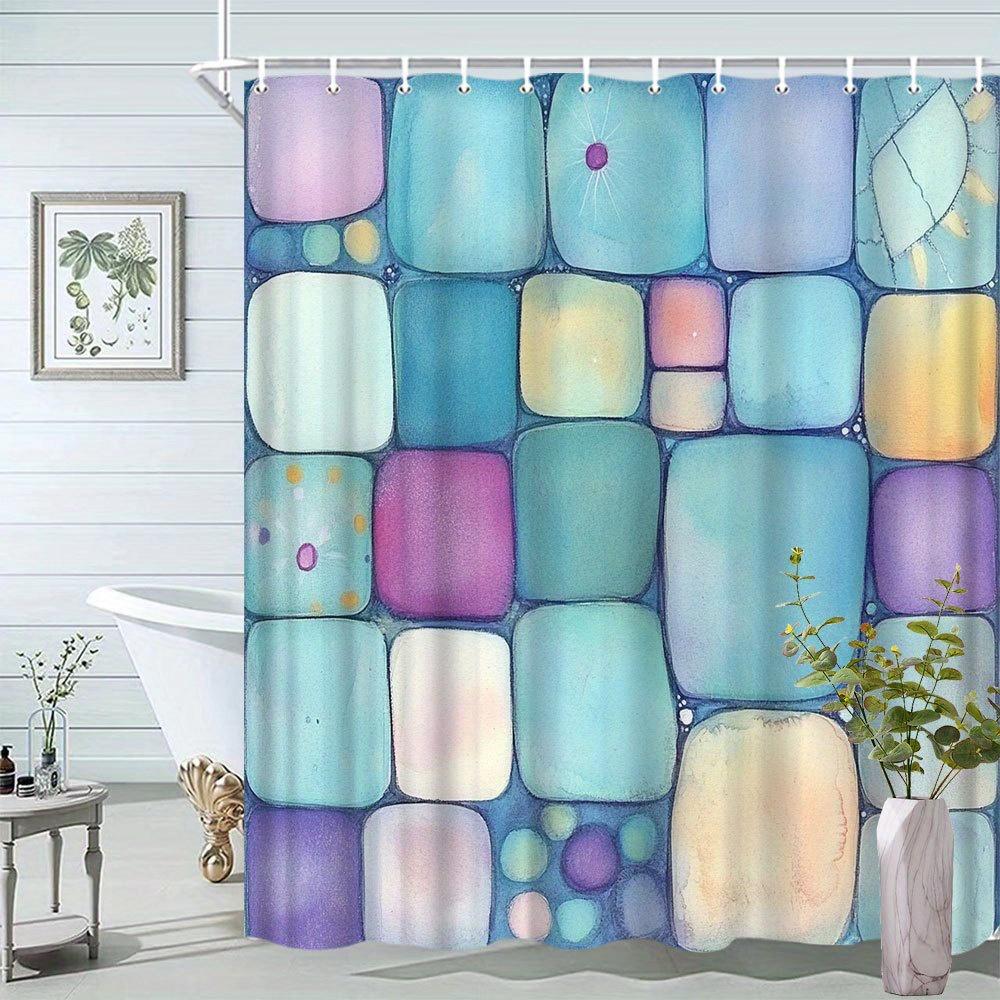 Geometric Art Shower Curtain - Blue Gradient Block Design, Modern Minimalist Bathroom Decor, Polyester Fabric,12 Hooks