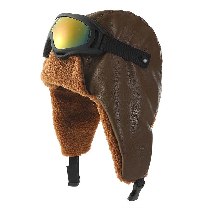 Outdoor Mountaineering and Skiing PU Leather Pilot Hat Removable Goggles Set Winter New Windproof and Warm Hat