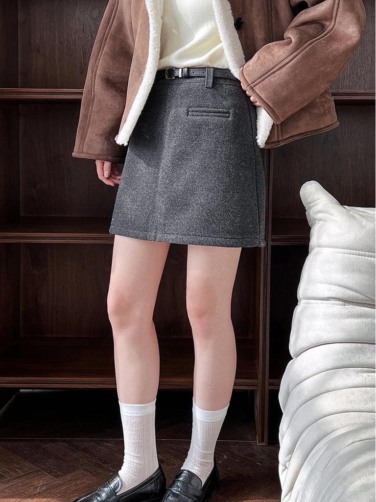 Юбка миди А-силуэта Luxi Retro High-End из шерсти - Женская 2025 Зимняя Приталенная Мини-юбка Бодикон на флисовой подкладке