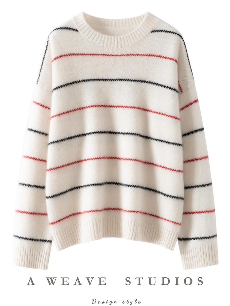 New Arrival Cashmere Striped Knit Women's Sweater – Loose Slimming Pullover for Autumn and Winter