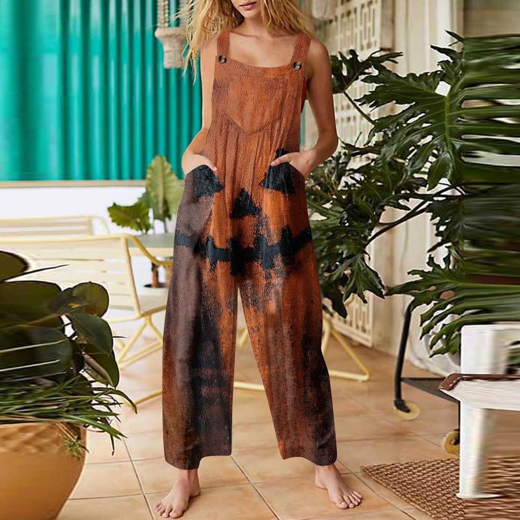 Женский модный повседневный винтажный комбинезон без рукавов на пуговицах с принтом на Хэллоуин