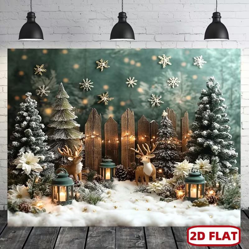 2D Enchanted Winter Forest Christmas Backdrop with Reindeer & Snowflakes Party Background