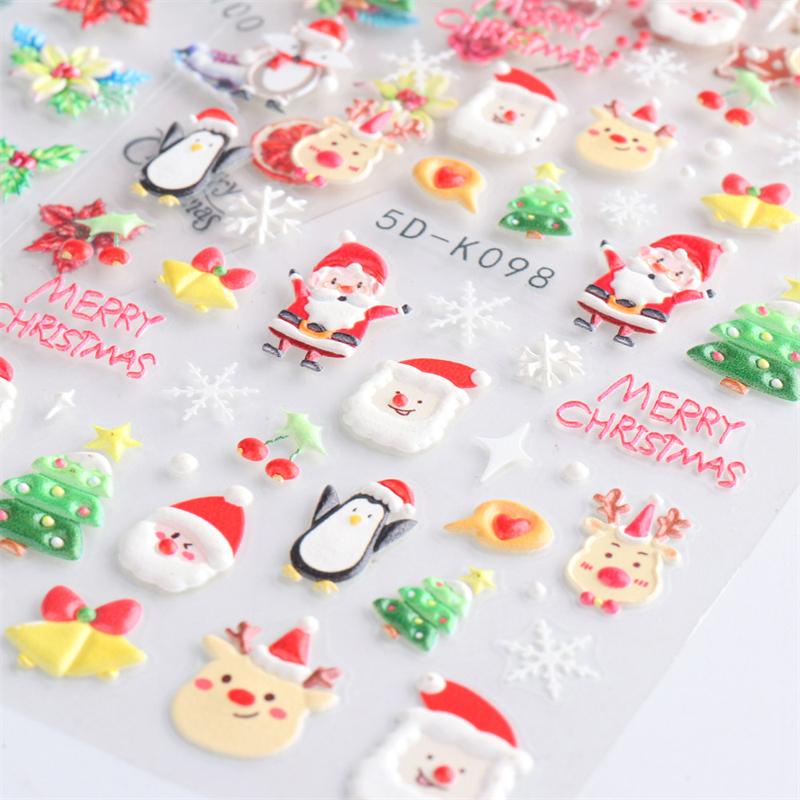 5D Nail Art Stickers Embossed Snowflake Snowman Bird Pattern Christmas Nail Stickers Nail Art Decor Decals