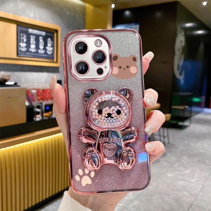 15Pro 14Pro Glitter Bling Bear Phone Holder Case For iPhone 15 14 13 12 11 Xs Pro Max Mini X XR Apple 6 6s 7 8 Plus Stand Cover