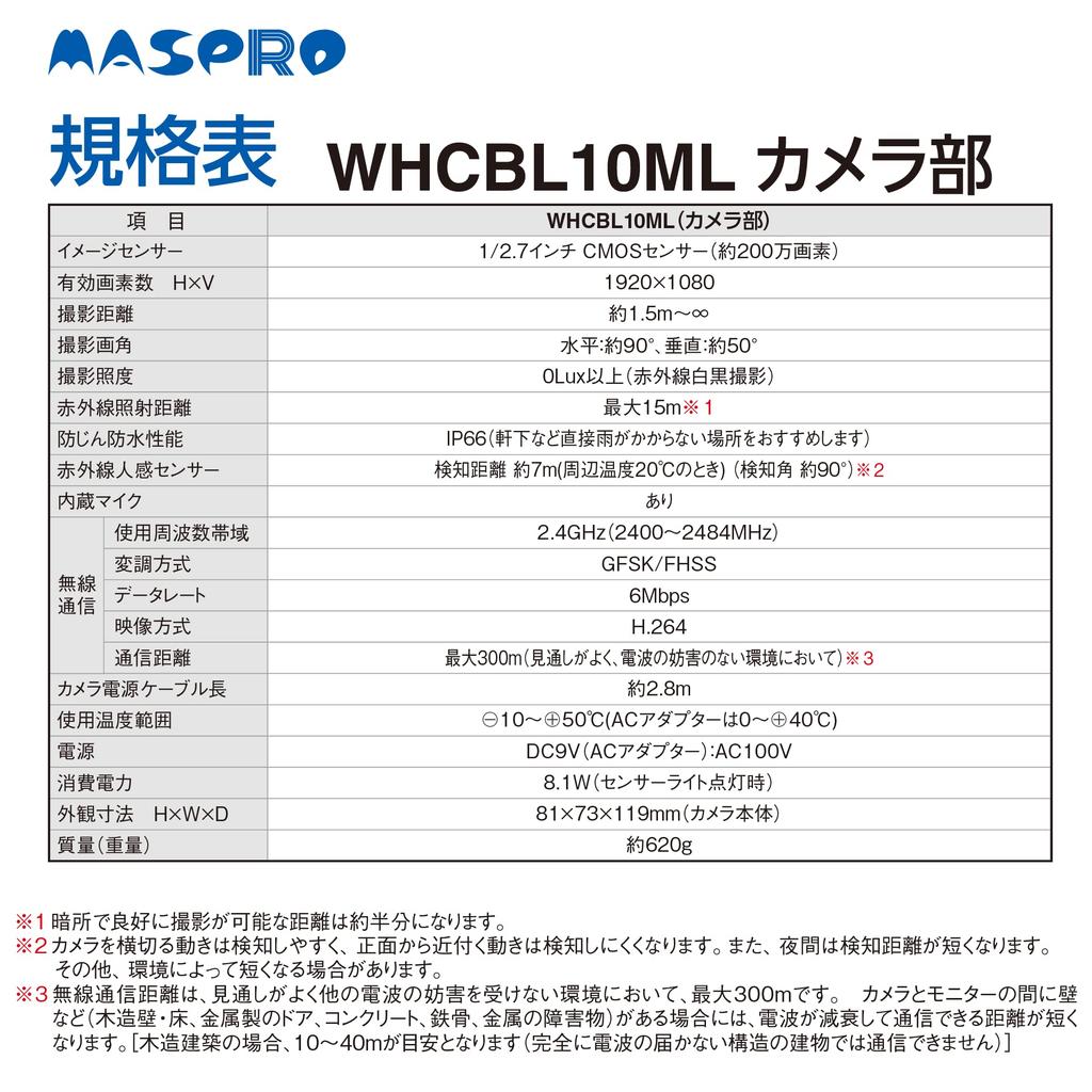 MASPRO Monitor Wireless HD Camera Full Night Motion Infrared Sensor Alarm and Call Function & Set, 10.1-inch Monitor, HD, Vision, Detection, Built-in