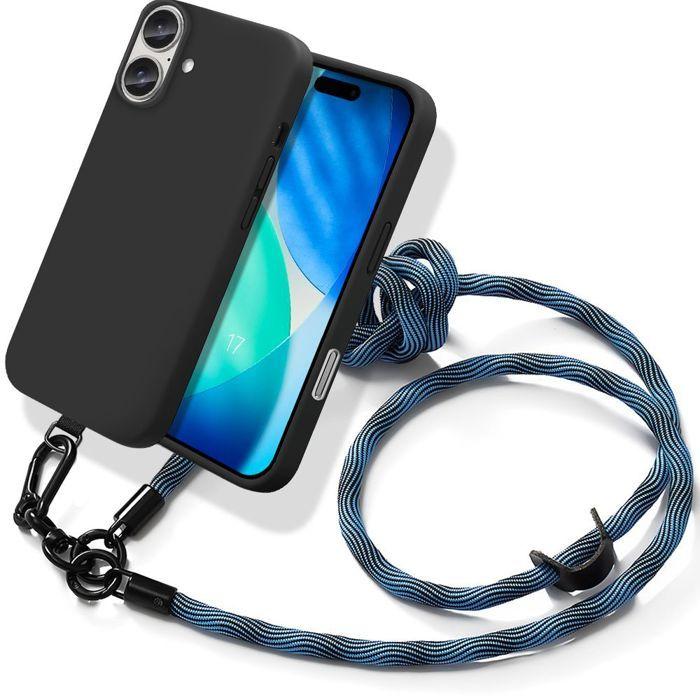 Coque de Téléphone - BOOLING - pour iPhone 17 - Silicone Souple Noir avec Bandoulière Robuste Bleue