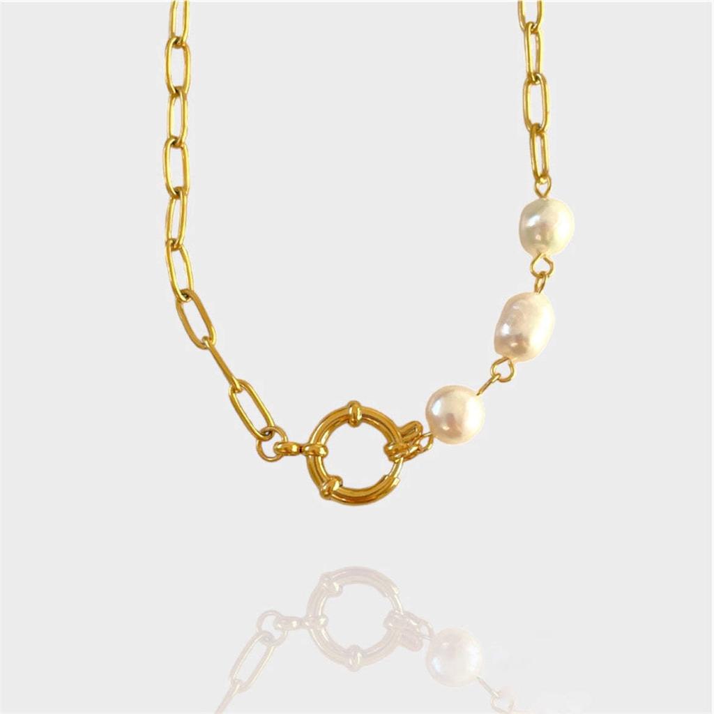Titanium Steel Furnace Vacuum Plating 18K Real Gold Spring Buckle Opening Ring Pearl Paperclip Removable Base Chain