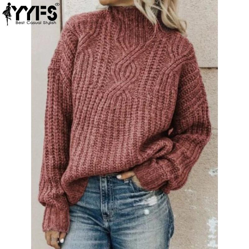 YYFS Женская мода повседневная осень-зима однотонный принт длинный рукав высокий ворот свитера
