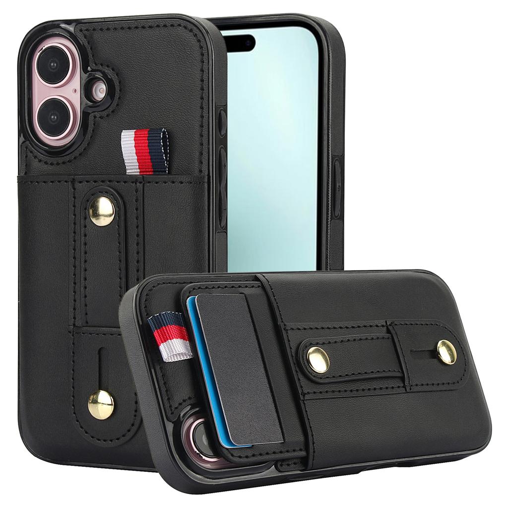 For iPhone 16 Case PU Leather+TPU Hidden Card Holder Drop-proof Phone Cover with Kickstand