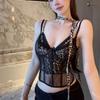 Transparent Leopard Camisole Lace Slim Crop Tops Suspender Vest with Pads Spring Summer