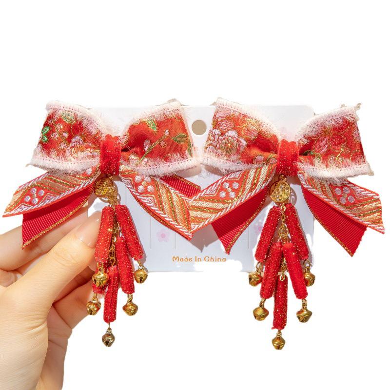Китайский Новый год Красный бант с кисточкой Заколки для волос для девочек и женщин - Милые аксессуары для волос в древнем стиле