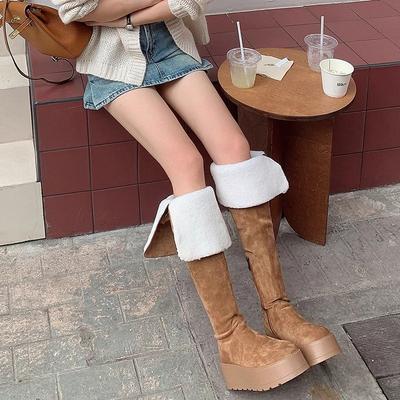 Hengzhan Женские зимние сапоги из овчины 2025 Толстоподошвенные замшевые сапоги-трансформеры Флисовые сапоги Скинни ботфорты