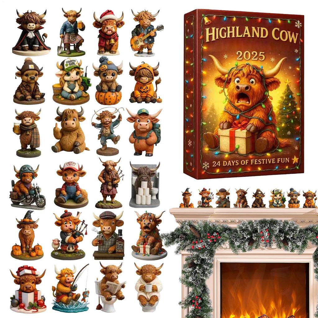 Christmas 3D Highland Cow Pendant Advent Calendar 24Pcs Christmas Highland Cow Figures Ornament Countdown Xmas Tree Decor Gifts