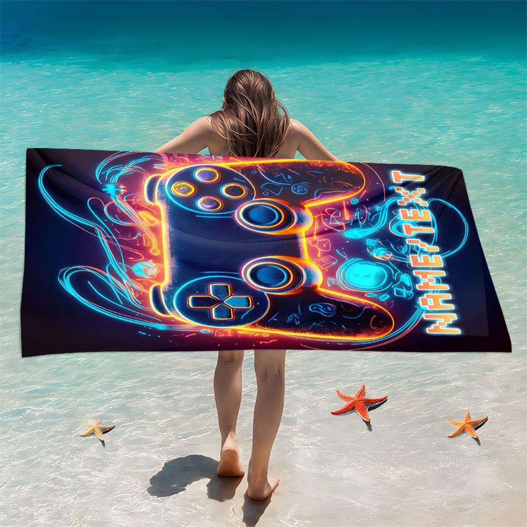 Custom Game Controller Beach Towel Personalized Name Neon Gamer Microfiber Bath Towel 160x80cm Quick Dry