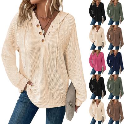 Женская модная толстовка с длинными рукавами, капюшоном на кулиске, V-образным вырезом на пуговицах, повседневный худи-топ