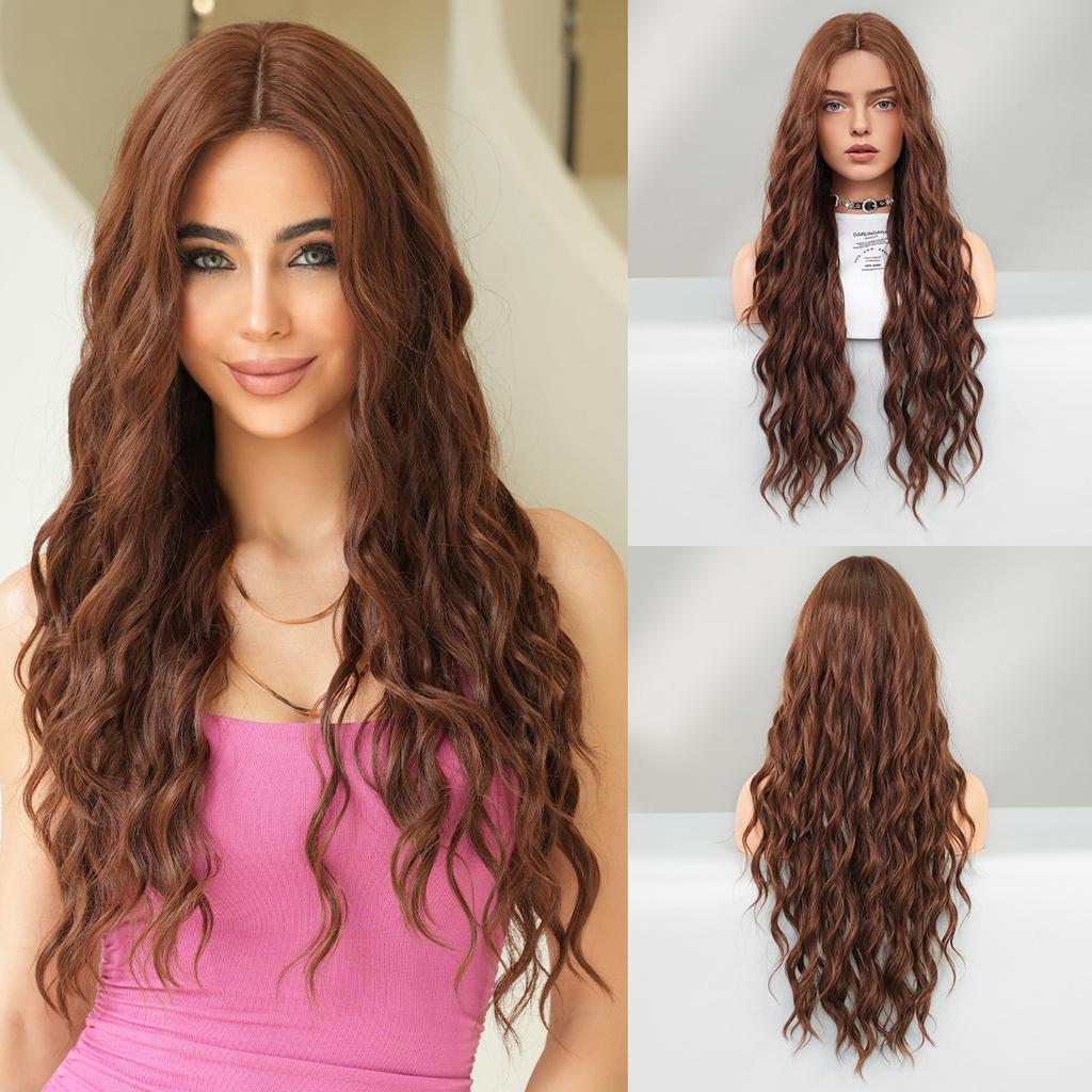 Женский коричневый парик с кружевной передней частью, ручной работы, длинный волнистый парик, пробор посередине, крупные волны, накладка для волос