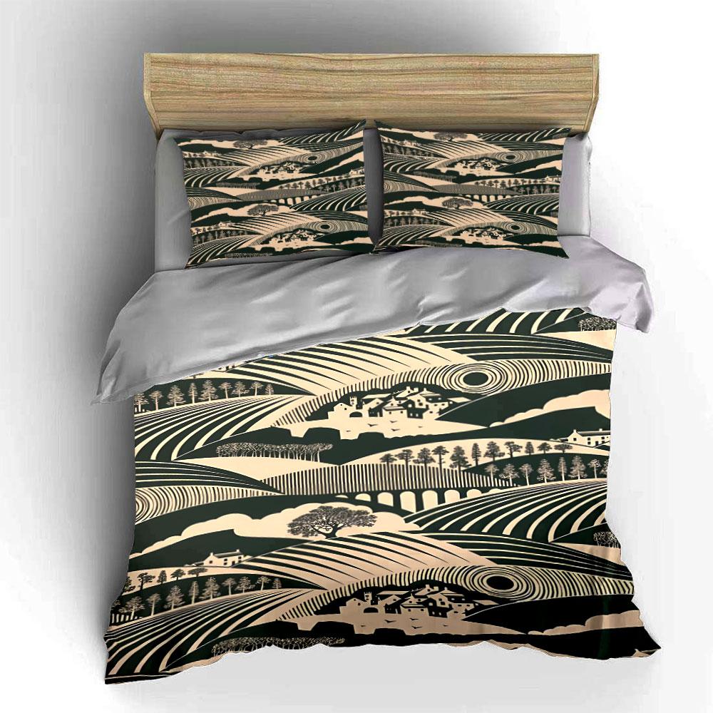 Hills, bridges, trees, buildings. Bedding sets Duvet cover sets Duvet covers Pillowcases(1 * Duvet Cover 2 * Pillowcases without duvet insert)
