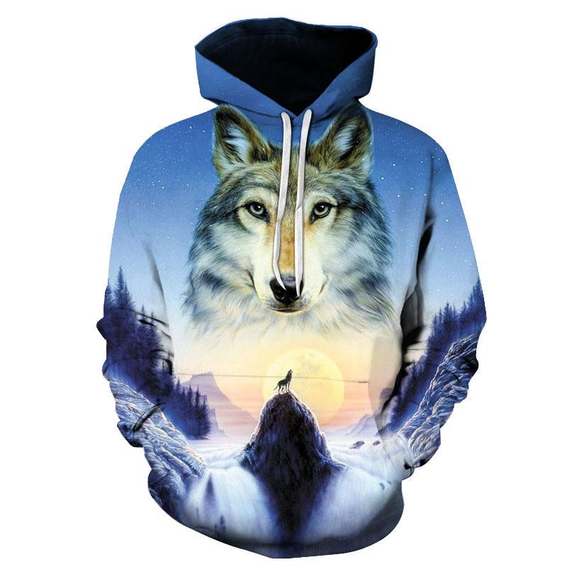 Женский и мужской пуловер с волком, верхняя одежда, 3D цифровая печать, толстовка с капюшоном для пар, толстовка с капюшоном и длинными рукавами в виде животных, свободные карманные повседневные пуловеры