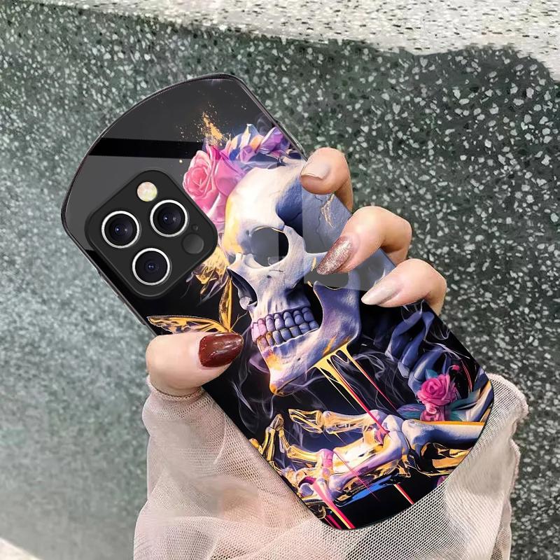 Цветок Череп Скелета Для IPhone 16 Pro Max 11 12 Mini 13 14 P Lus 15 Plus 7 8 Se 2020 X Xs Эллиптический Закаленный Стеклянный Чехол Для Телефона
