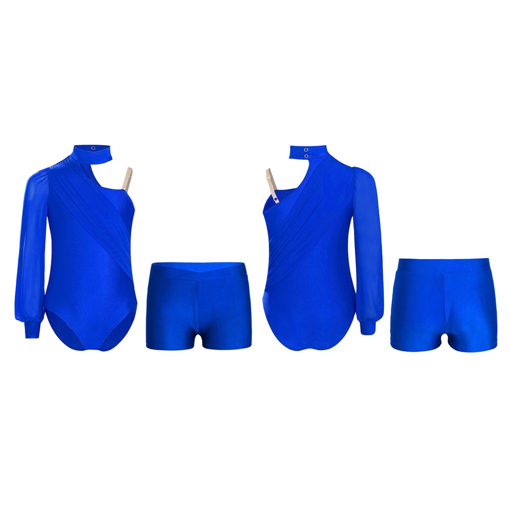 Girls One Shoulder Long Sleeve Ruched Mesh Leotard Figure Skating Gymnastics Outfit