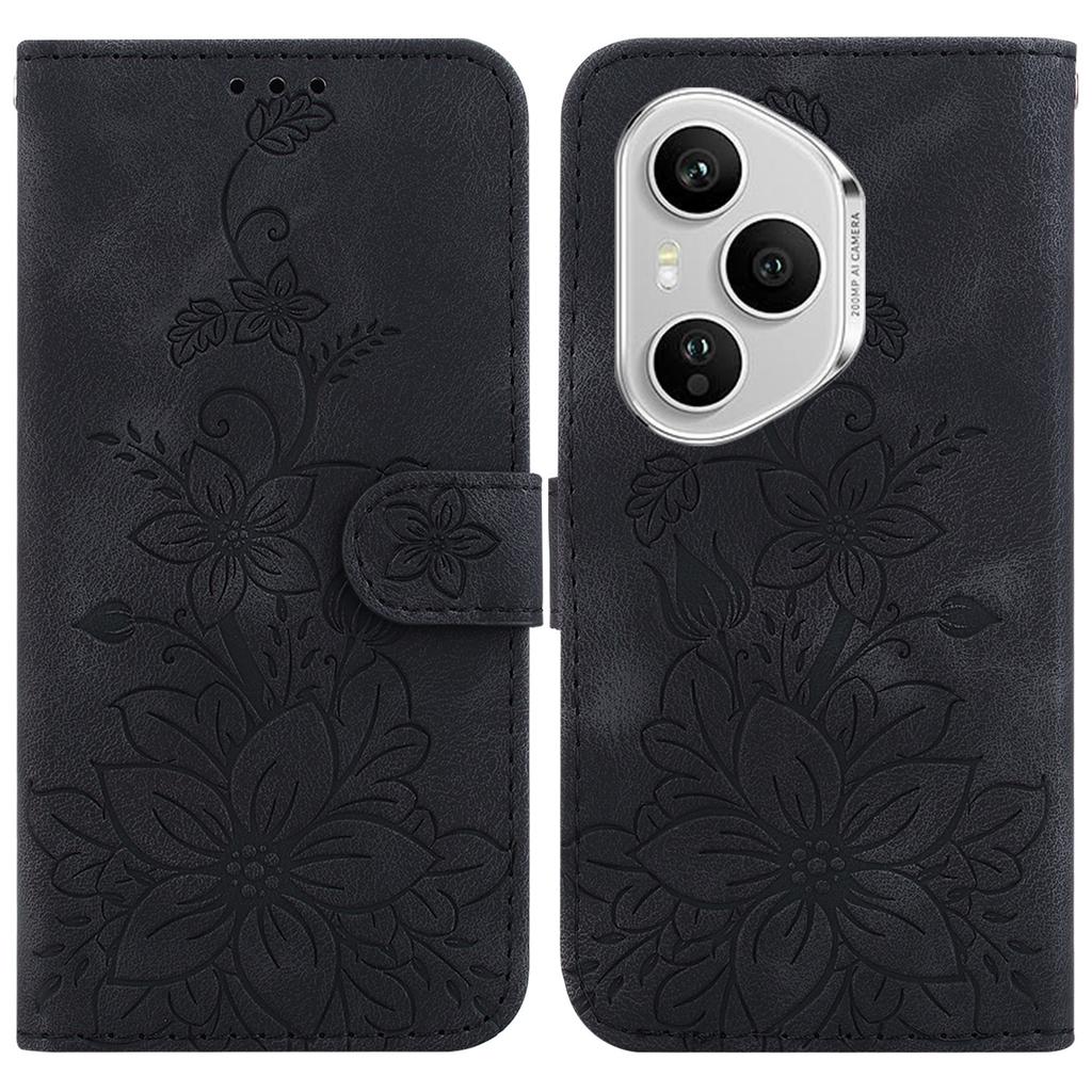 For Honor 400 Pro 5G (Global) Stand Case Lily Flower Imprint Leather Phone Cover with Wrist Strap