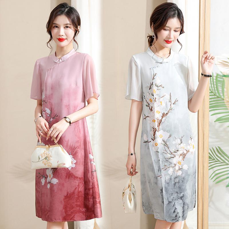 Летнее шифоновое платье в китайском стиле: Платье с короткими рукавами и принтом, круглым воротником и линией талии, идеальное для изящного и очаровательного образа.