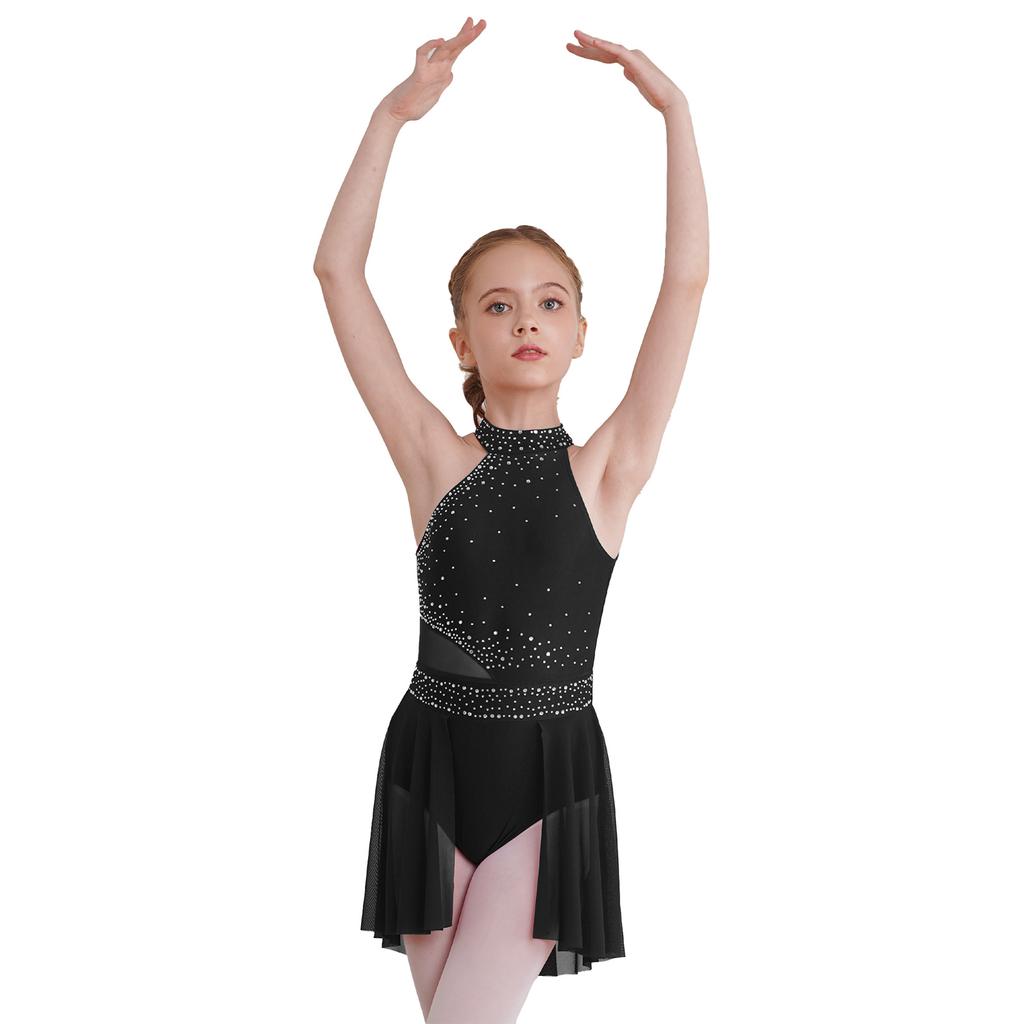 Girls Glittery Lyrical Dance Dress - Rhinestone Decor & Irregular Hem for Stage Performances