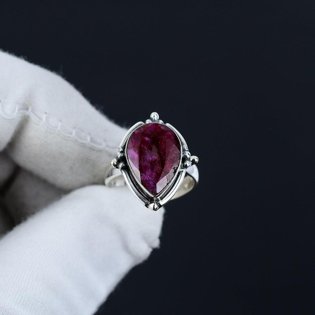 Kashmir Ruby Adjustable 925 Sterling Silver Ring - Fits US Sizes 6 To 10 - Handmade Boho Jewelry for Women & Men, Valentine Gifts