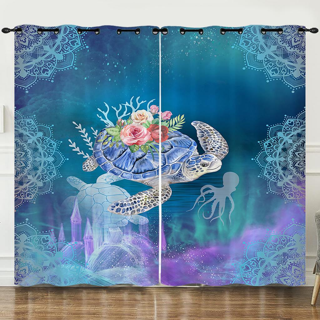 Curtain Ocean Turtle Starfish 3D Digital Printing Blackout Curtain Punching
