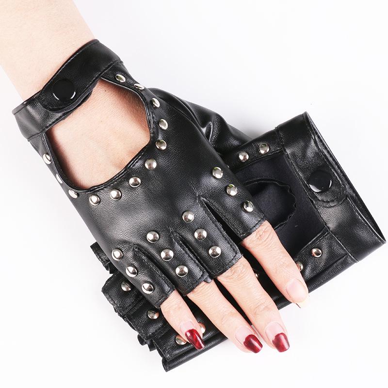 Women's Half-Finger PU Cyberpunk Motorcycle Gloves with Rivet Design for Dance and Nightclub
