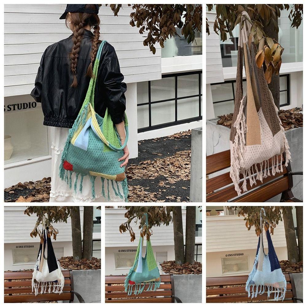 Patchwork Knitted Tassel Shoulder Bag Soft Commuting Tote Bag Sweet Boho Style Handbag Outdoor