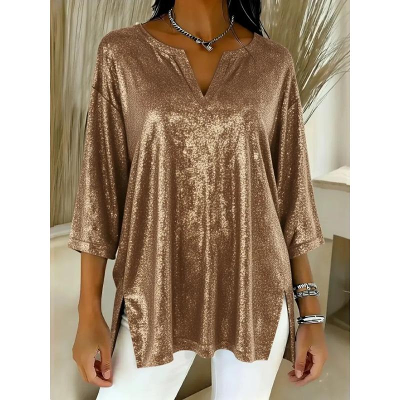 JPNTKY Women's Fashion Casual Solid Color Print 3/4 Sleeves V Neck Blouses & Shirts