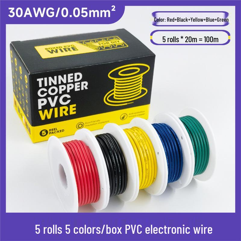5 рулонов ПВХ электронного провода, 5 цветов, луженая медная жила 16-30 AWG, термостойкий