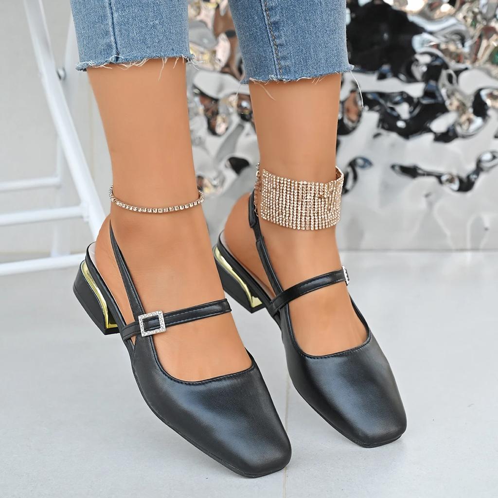 Модные женские сандалии на толстом каблуке без каблука для повседневной носки Новые летние рабочие сандалии с квадратным носком и пряжкой Туфли на высоком каблуке для женщин