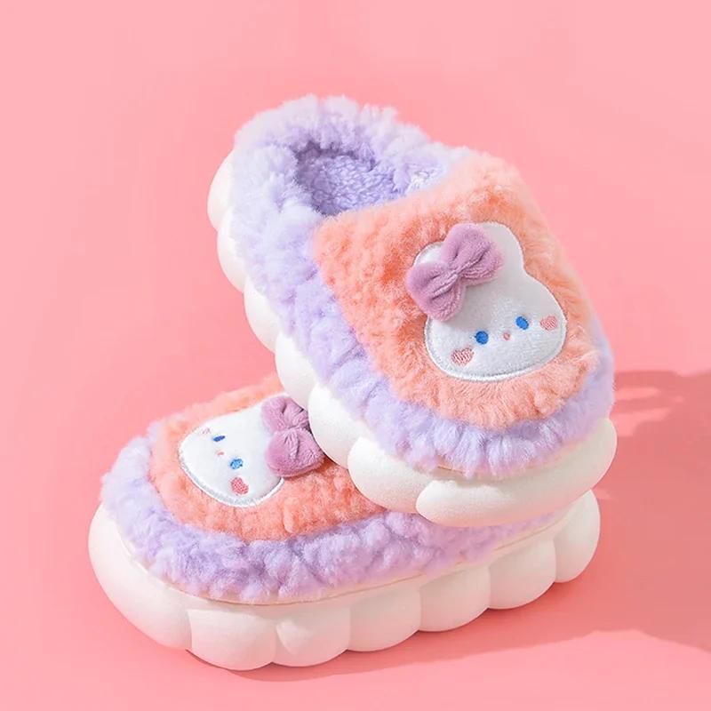 New Winter Cute Rabbit Bear Cotton Flip Flops Children's Plush Slippers For Girls Boys Home Indoor Fluffy Mule Kids Shoes
