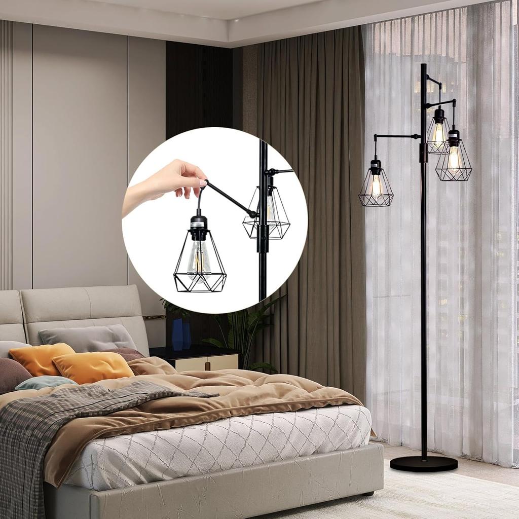 Industrial Tree Floor Lamp, Stepless Dimming, Adjustable Cage Shades, Weighted Base, Vintage Standing Light with 3 Edison Bulbs