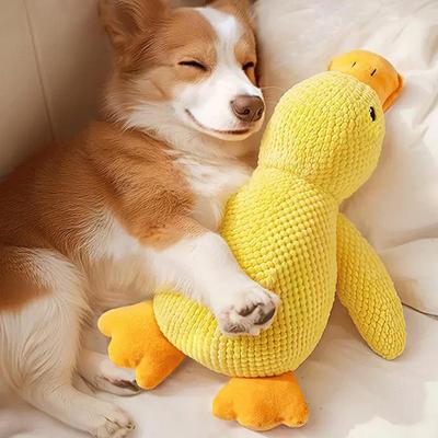 Собака спит с утками-игрушками, чтобы избавить от скуки маленького желтого утенка, щенок, интерактивная плюшевая кукла, обнимающая утку