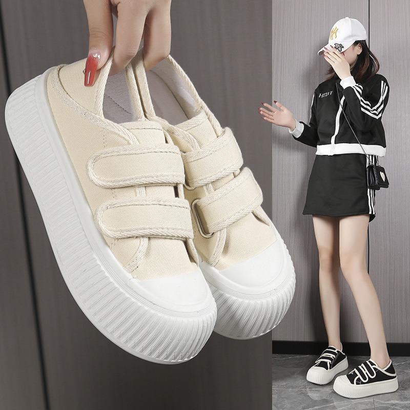 Летние тонкие дышащие парусиновые туфли на липучке женские нишевые универсальные на танкетке, два способа носки, платформа-печенье, белые туфли