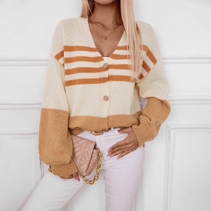 Striped Patchwork Cardigan Women's Sweater Autumn and Winter Clashing Colours Knitted Cardigan