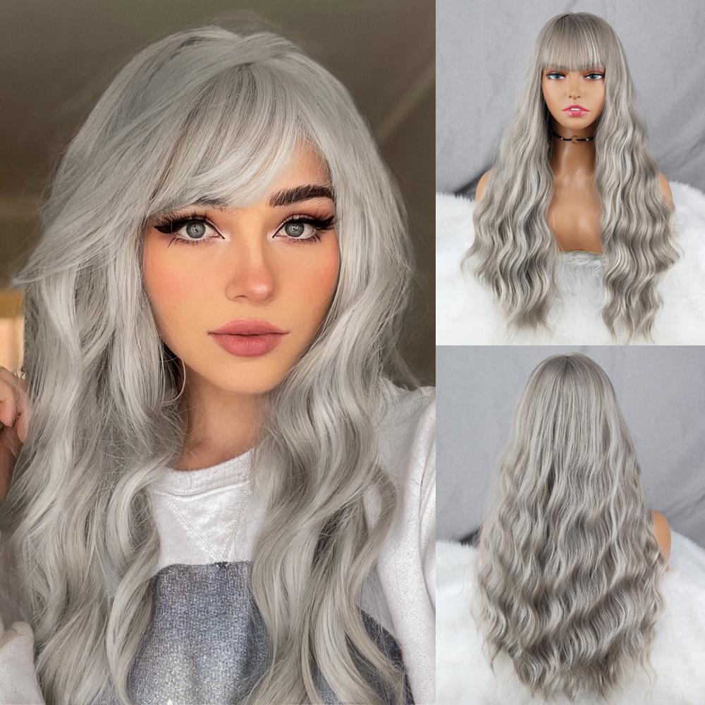 MISS WIG Grey Wig Long Wavy Wig with Bangs Synthetic Fiber Long Water Wave Wig for Women Daily Wear