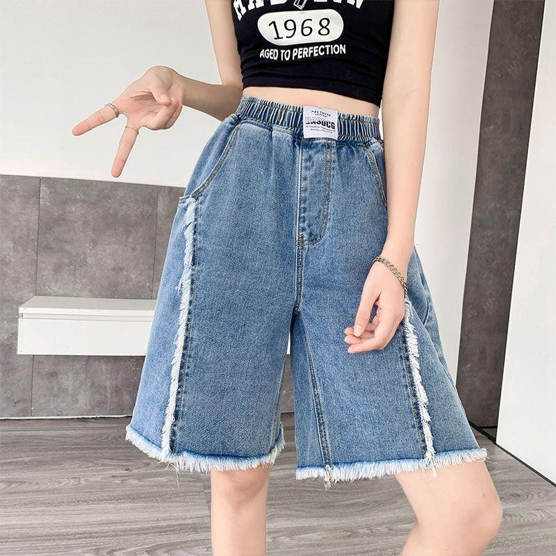 Шорты из искусственного денима, женские укороченные шорты, летние, тонкие, широкие, прямые, свободные, с узкой талией, с высокой талией, для студенток, повседневные